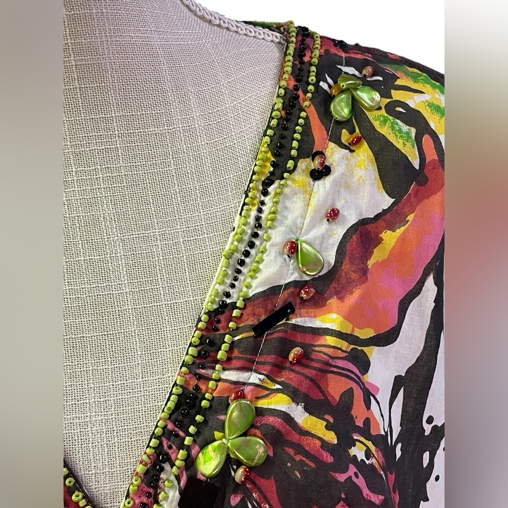 Sandy Starkman Artsy Beaded Colorful Watercolor Floral Cotton Dress 1X Vintage - Picture 9 of 15
